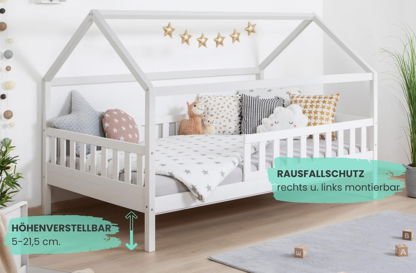 TiCAA Kay Kinderbett Hausbett aus Kiefer Massivholz mit Lattenrost & Rausfallschutz – Montessori Bodenbett für Kinderzimmer