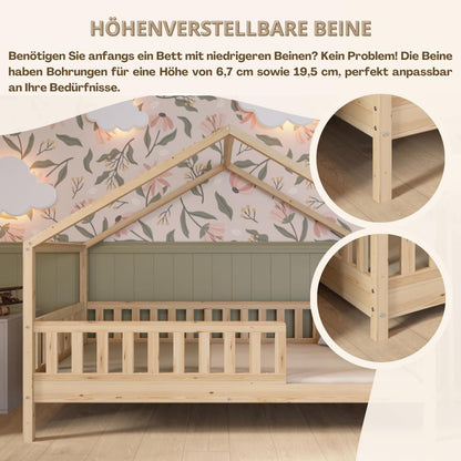 Crazy Pine Hausbett Kinderbett aus Massivholz mit Rausfallschutz & Schubladen – Montessori Bodenbett Kinderzimmer Skandinavisches Design