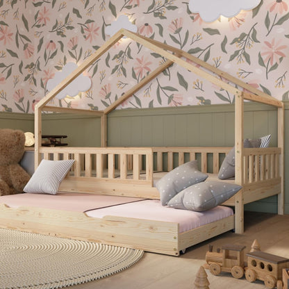 Crazy Pine Hausbett Kinderbett aus Massivholz mit Rausfallschutz & Schubladen – Montessori Bodenbett Kinderzimmer Skandinavisches Design