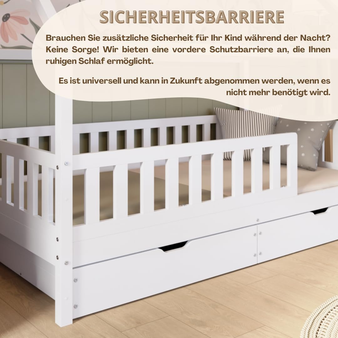 Crazy Pine Hausbett Kinderbett aus Massivholz – Montessori Bodenbett mit Rausfallschutz & Schubladen, Skandinavisches Kinderzimmer Bett