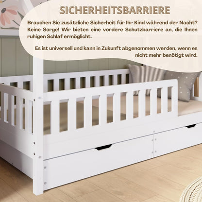 Crazy Pine Hausbett Kinderbett aus Massivholz – Montessori Bodenbett mit Rausfallschutz & Schubladen, Skandinavisches Kinderzimmer Bett