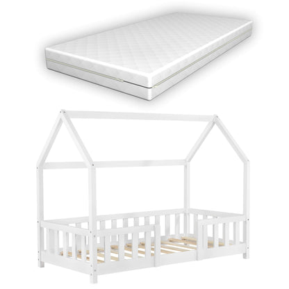 [en.casa] Kinder Hausbett aus Kiefernholz mit Lattenrost & Matratze, Montessori Kinderbett mit Rausfallschutz, stabiles Spielbett für Kinderzimmer