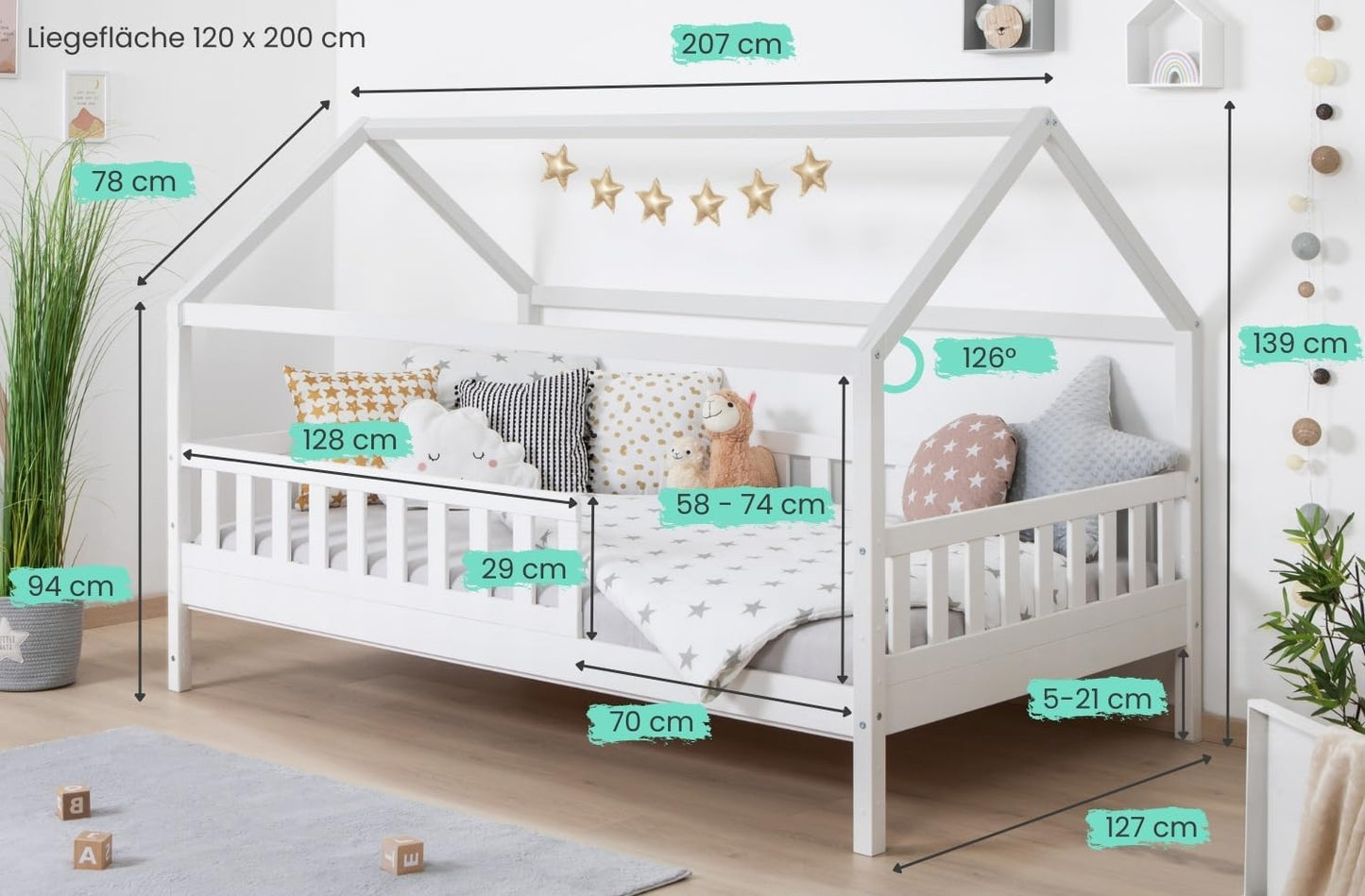 TiCAA Kay Kinderbett Hausbett aus Kiefer Massivholz mit Lattenrost & Rausfallschutz – Montessori Bodenbett für Kinderzimmer