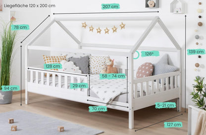 TiCAA Kay Kinderbett Hausbett aus Kiefer Massivholz mit Lattenrost & Rausfallschutz – Montessori Bodenbett für Kinderzimmer