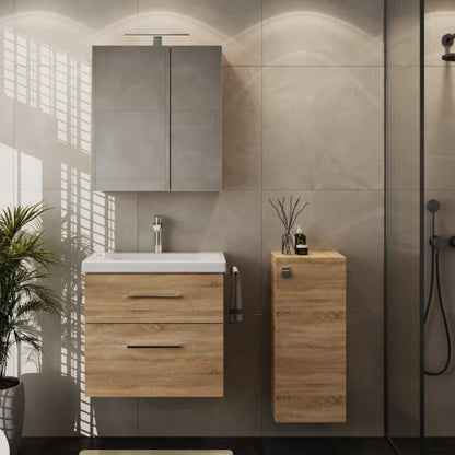 Planetmöbel Badmöbel Set 63 cm Anthrazit mit Keramik Waschbecken, Spiegelschrank 60 cm LED & Steckdose, Modern