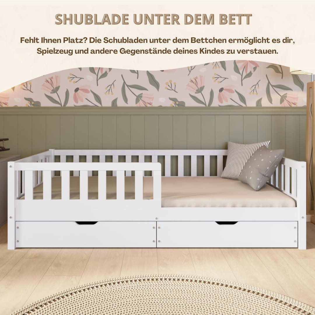 Crazy Pine Montessori Kinderbett mit Schubladen – Massivholz Bodenbett mit Rausfallschutz, Skandinavisches Design
