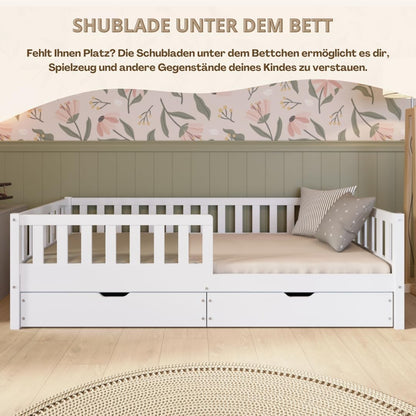 Crazy Pine Montessori Kinderbett mit Schubladen – Massivholz Bodenbett mit Rausfallschutz, Skandinavisches Design