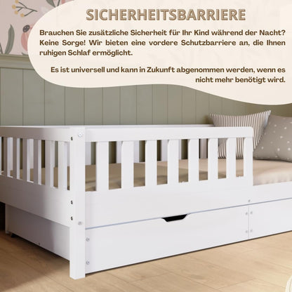 Crazy Pine Montessori Kinderbett mit Schubladen – Massivholz Bodenbett mit Rausfallschutz, Skandinavisches Design