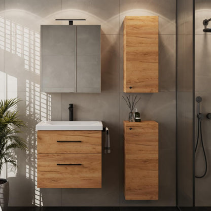 Planetmöbel Badmöbel Set 63 cm Anthrazit mit Keramik Waschbecken, Spiegelschrank 60 cm LED & Steckdose, Modern