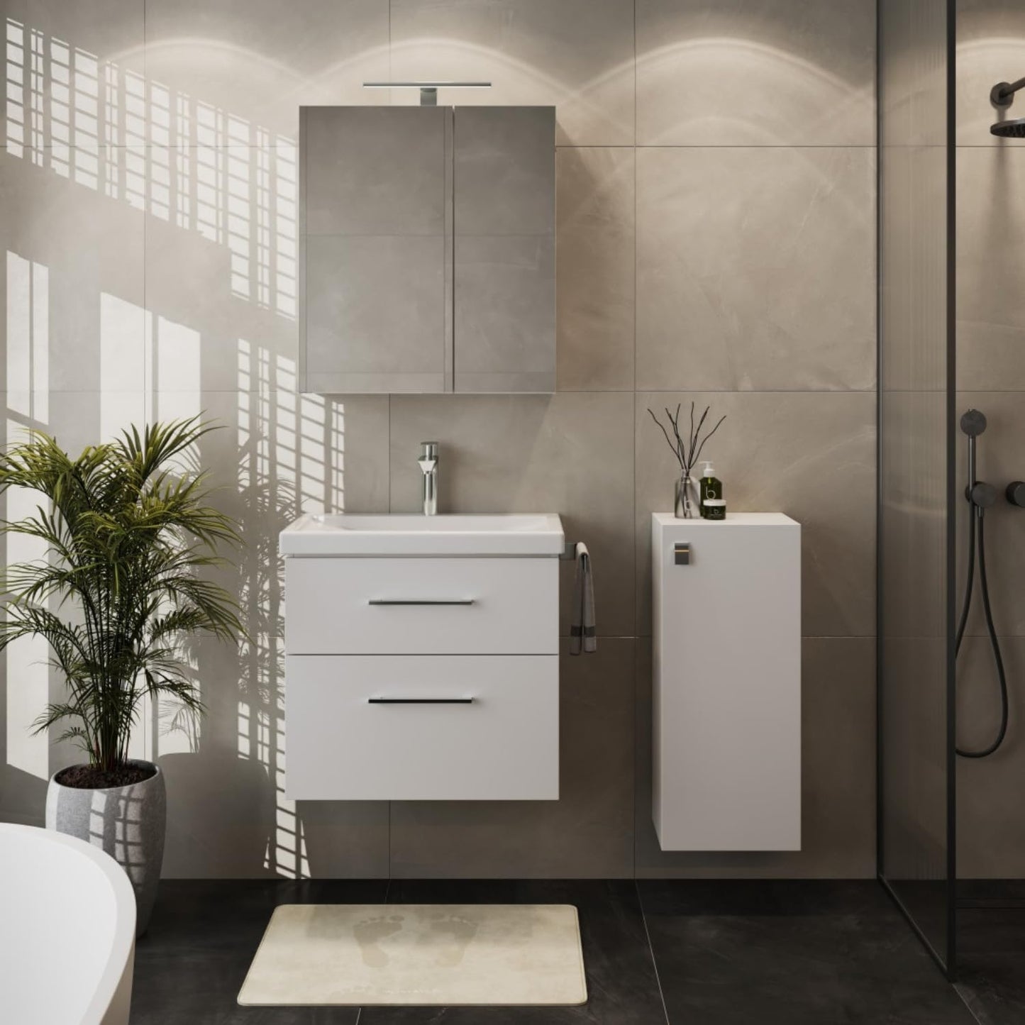 Planetmöbel Badmöbel Set 63 cm Anthrazit mit Keramik Waschbecken, Spiegelschrank 60 cm LED & Steckdose, Modern