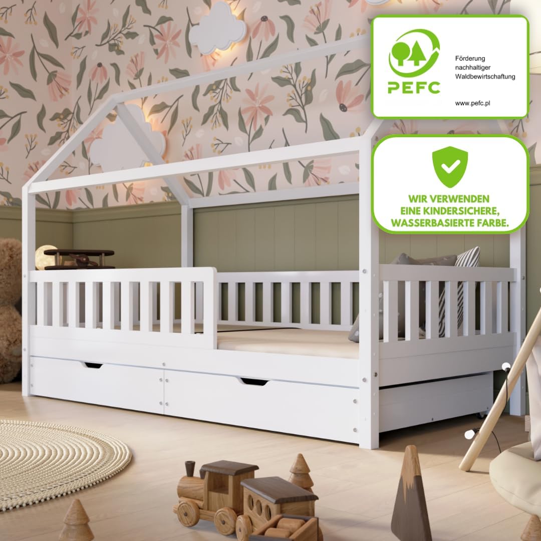 Crazy Pine Hausbett Kinderbett aus Massivholz – Montessori Bodenbett mit Rausfallschutz & Schubladen, Skandinavisches Kinderzimmer Bett