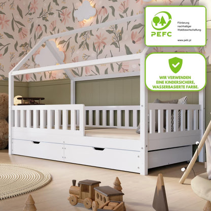 Crazy Pine Hausbett Kinderbett aus Massivholz – Montessori Bodenbett mit Rausfallschutz & Schubladen, Skandinavisches Kinderzimmer Bett
