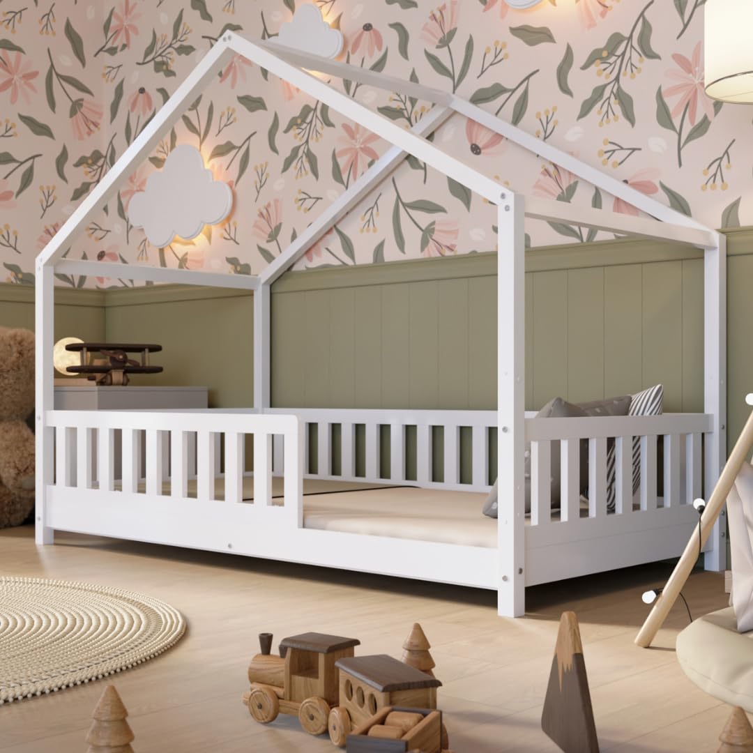Crazy Pine Hausbett Kinderbett aus Massivholz mit Rausfallschutz & Schubladen – Montessori Bodenbett Kinderzimmer Skandinavisches Design