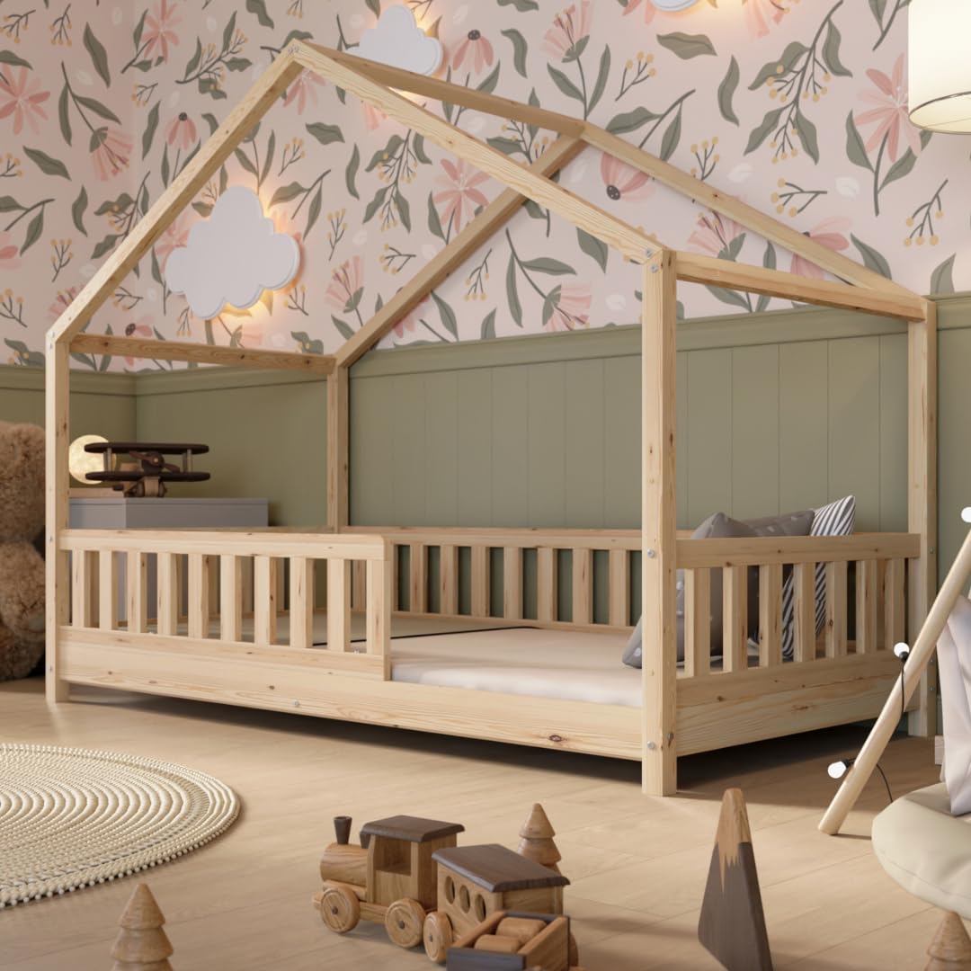 Crazy Pine Hausbett Kinderbett aus Massivholz mit Rausfallschutz & Schubladen – Montessori Bodenbett Kinderzimmer Skandinavisches Design