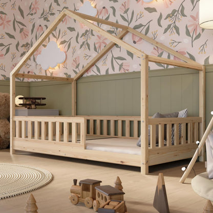 Crazy Pine Hausbett Kinderbett aus Massivholz mit Rausfallschutz & Schubladen – Montessori Bodenbett Kinderzimmer Skandinavisches Design