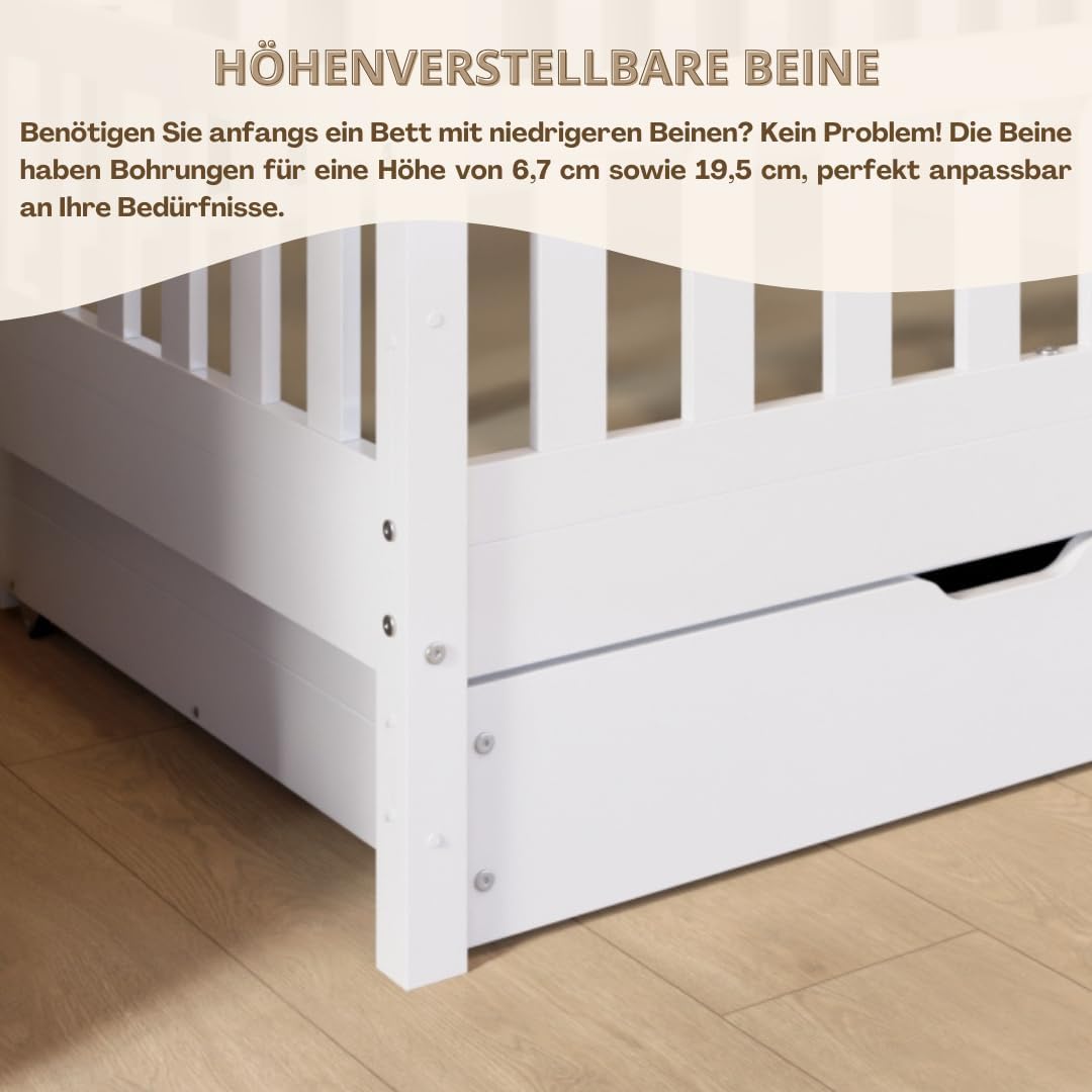 Crazy Pine Hausbett Kinderbett aus Massivholz – Montessori Bodenbett mit Rausfallschutz & Schubladen, Skandinavisches Kinderzimmer Bett
