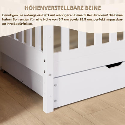 Crazy Pine Hausbett Kinderbett aus Massivholz – Montessori Bodenbett mit Rausfallschutz & Schubladen, Skandinavisches Kinderzimmer Bett