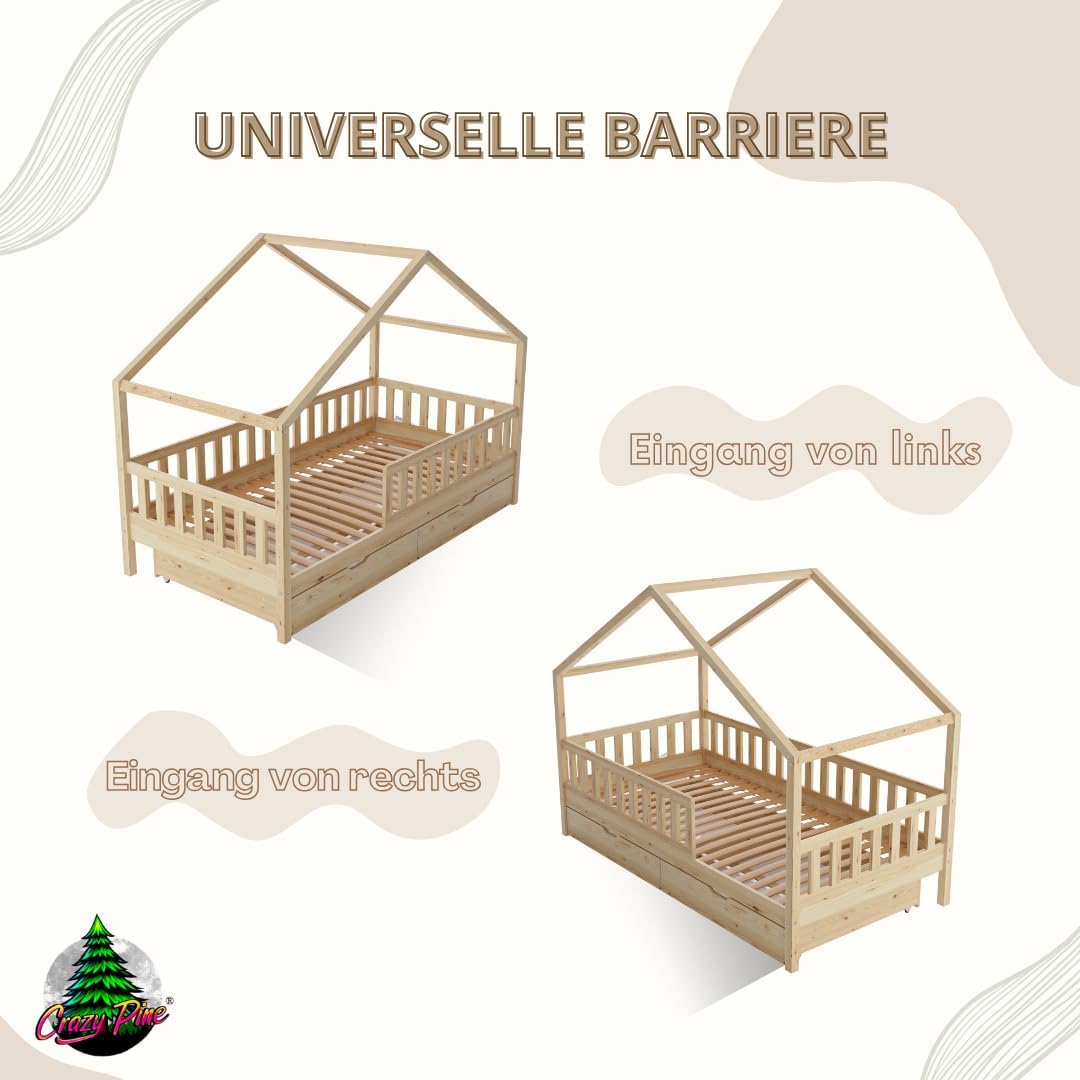 Crazy Pine Hausbett Kinderbett aus Massivholz mit Rausfallschutz & Schubladen – Montessori Bodenbett Kinderzimmer Skandinavisches Design