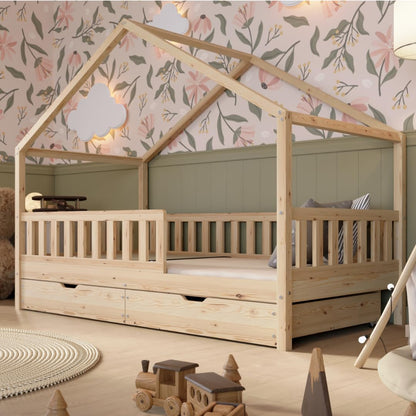 Crazy Pine Hausbett Kinderbett aus Massivholz mit Rausfallschutz & Schubladen – Montessori Bodenbett Kinderzimmer Skandinavisches Design