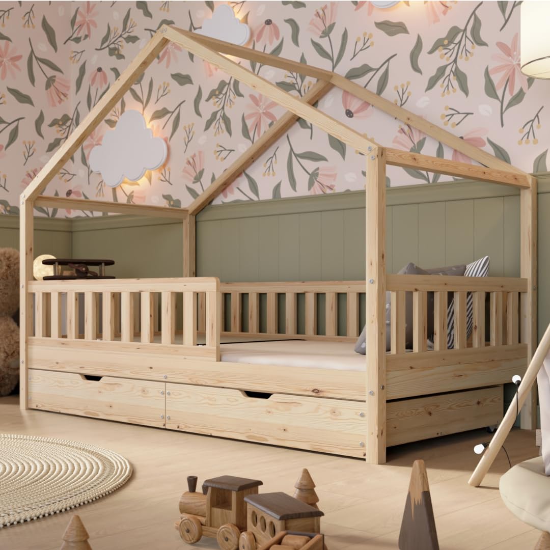 Crazy Pine Hausbett Kinderbett aus Massivholz mit Rausfallschutz & Schubladen – Montessori Bodenbett Kinderzimmer Skandinavisches Design