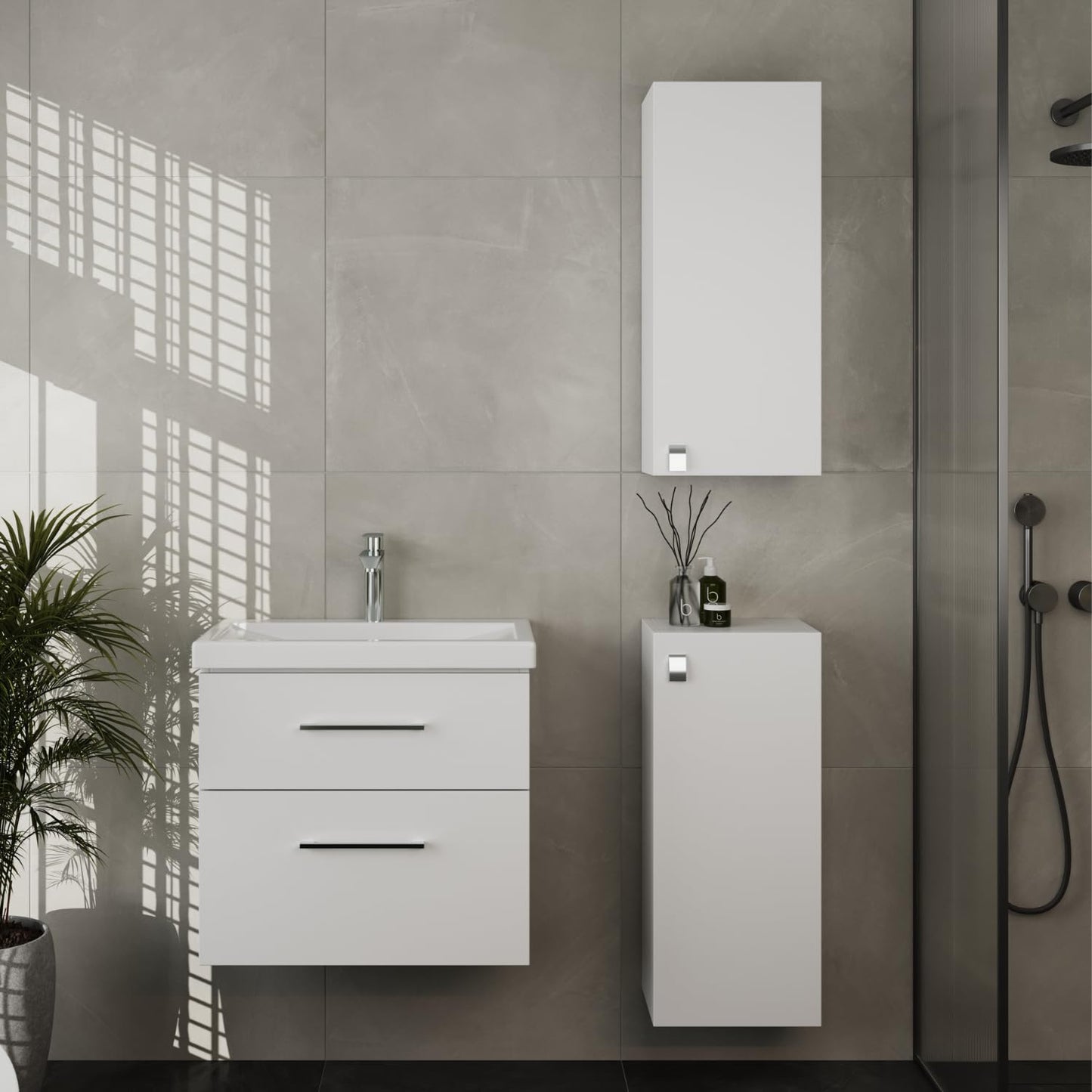 Planetmöbel Badmöbel Set 63 cm Anthrazit mit Keramik Waschbecken, Spiegelschrank 60 cm LED & Steckdose, Modern