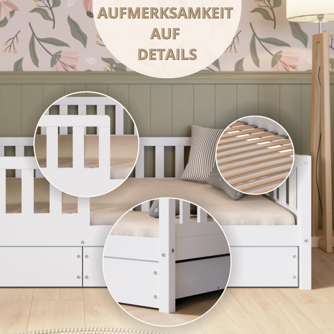Crazy Pine Montessori Kinderbett mit Schubladen – Massivholz Bodenbett mit Rausfallschutz, Skandinavisches Design