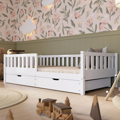 Crazy Pine Montessori Kinderbett mit Schubladen – Massivholz Bodenbett mit Rausfallschutz, Skandinavisches Design