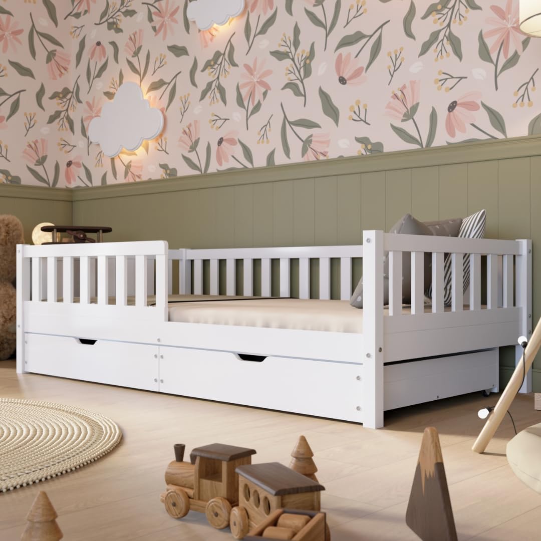 Crazy Pine Montessori Kinderbett mit Schubladen – Massivholz Bodenbett mit Rausfallschutz, Skandinavisches Design