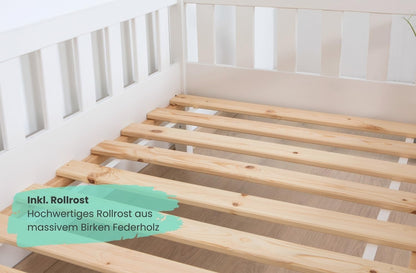 TiCAA Kay Kinderbett Hausbett aus Kiefer Massivholz mit Lattenrost & Rausfallschutz – Montessori Bodenbett für Kinderzimmer