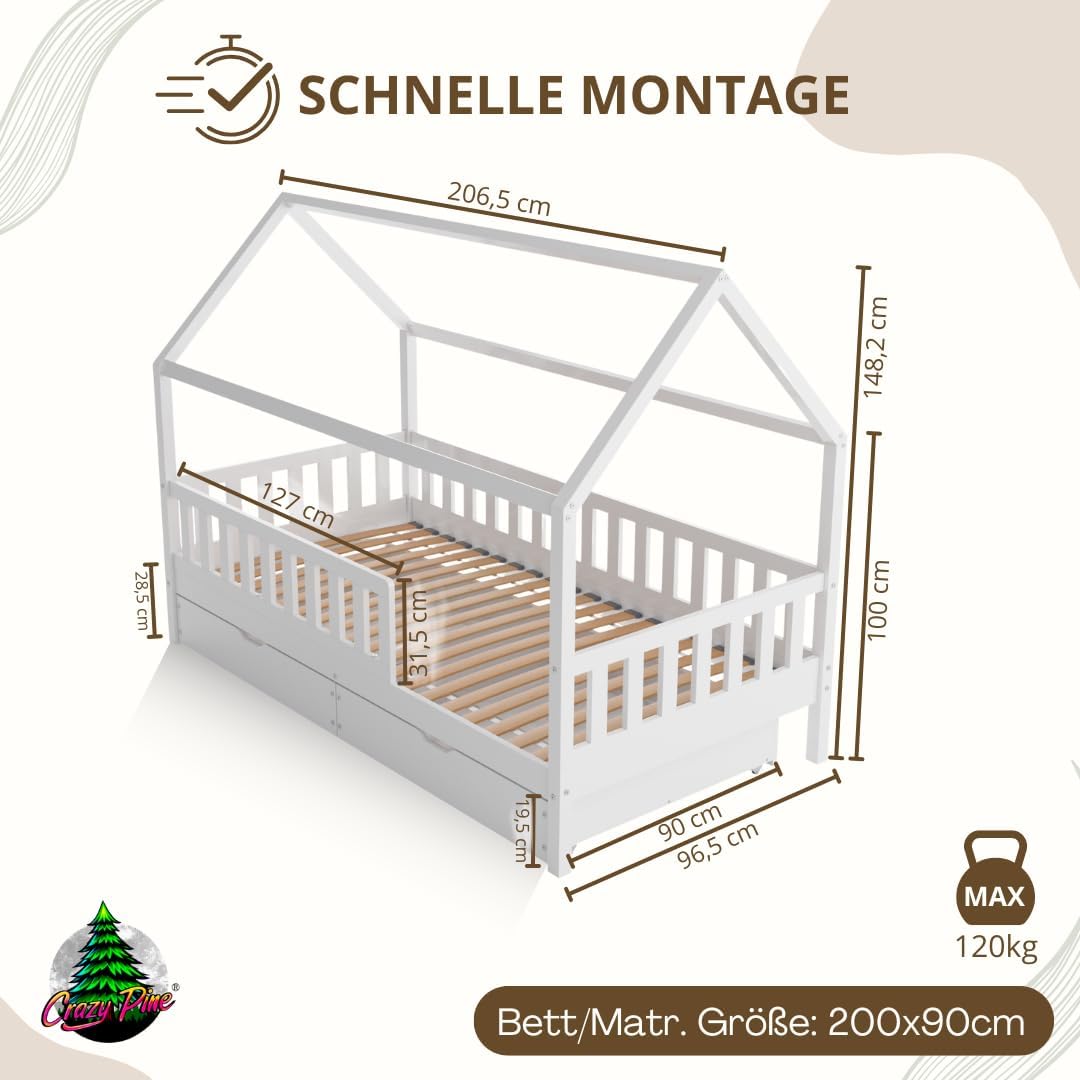 Crazy Pine Hausbett Kinderbett aus Massivholz – Montessori Bodenbett mit Rausfallschutz & Schubladen, Skandinavisches Kinderzimmer Bett
