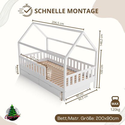 Crazy Pine Hausbett Kinderbett aus Massivholz – Montessori Bodenbett mit Rausfallschutz & Schubladen, Skandinavisches Kinderzimmer Bett