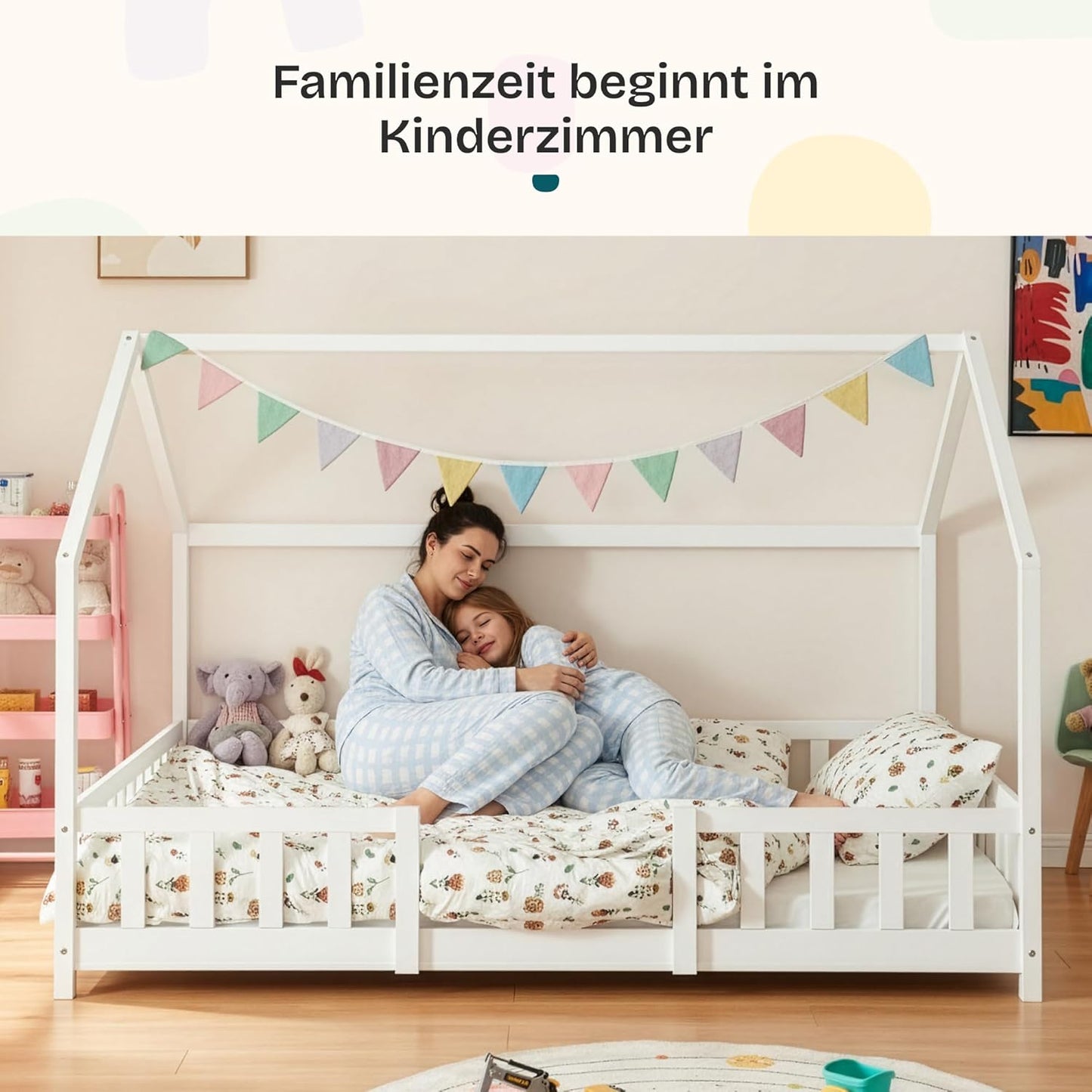 [en.casa] Kinder Hausbett aus Kiefernholz mit Lattenrost & Matratze, Montessori Kinderbett mit Rausfallschutz, stabiles Spielbett für Kinderzimmer