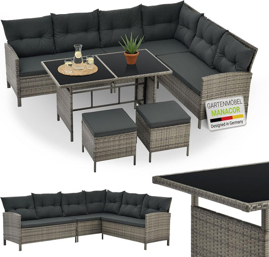 Juskys Polyrattan Lounge Manacor Gartenmöbel Set mit Ecksofa, Tisch & Hocker, wetterfest