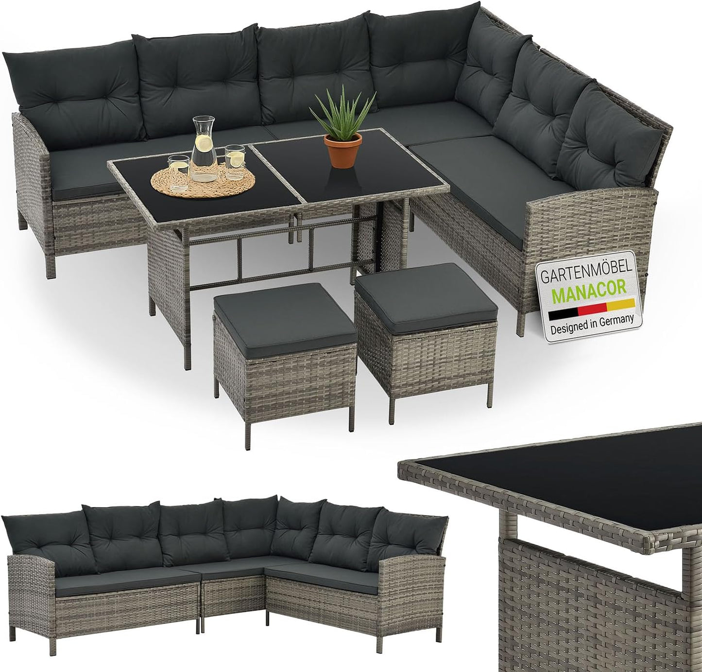 Juskys Polyrattan Lounge Manacor Gartenmöbel Set mit Ecksofa, Tisch & Hocker, wetterfest