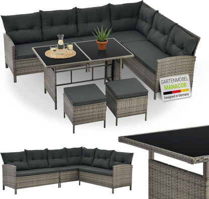 Juskys Polyrattan Lounge Manacor Gartenmöbel Set mit Ecksofa, Tisch & Hocker, wetterfest