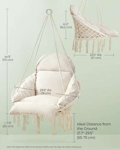 SONGMICS Hängesessel Baumwolle mit Kissen – Boho Hängestuhl Cremeweiß, Metallrahmen Schaukelstuhl für Garten, Balkon & Schlafzimmer