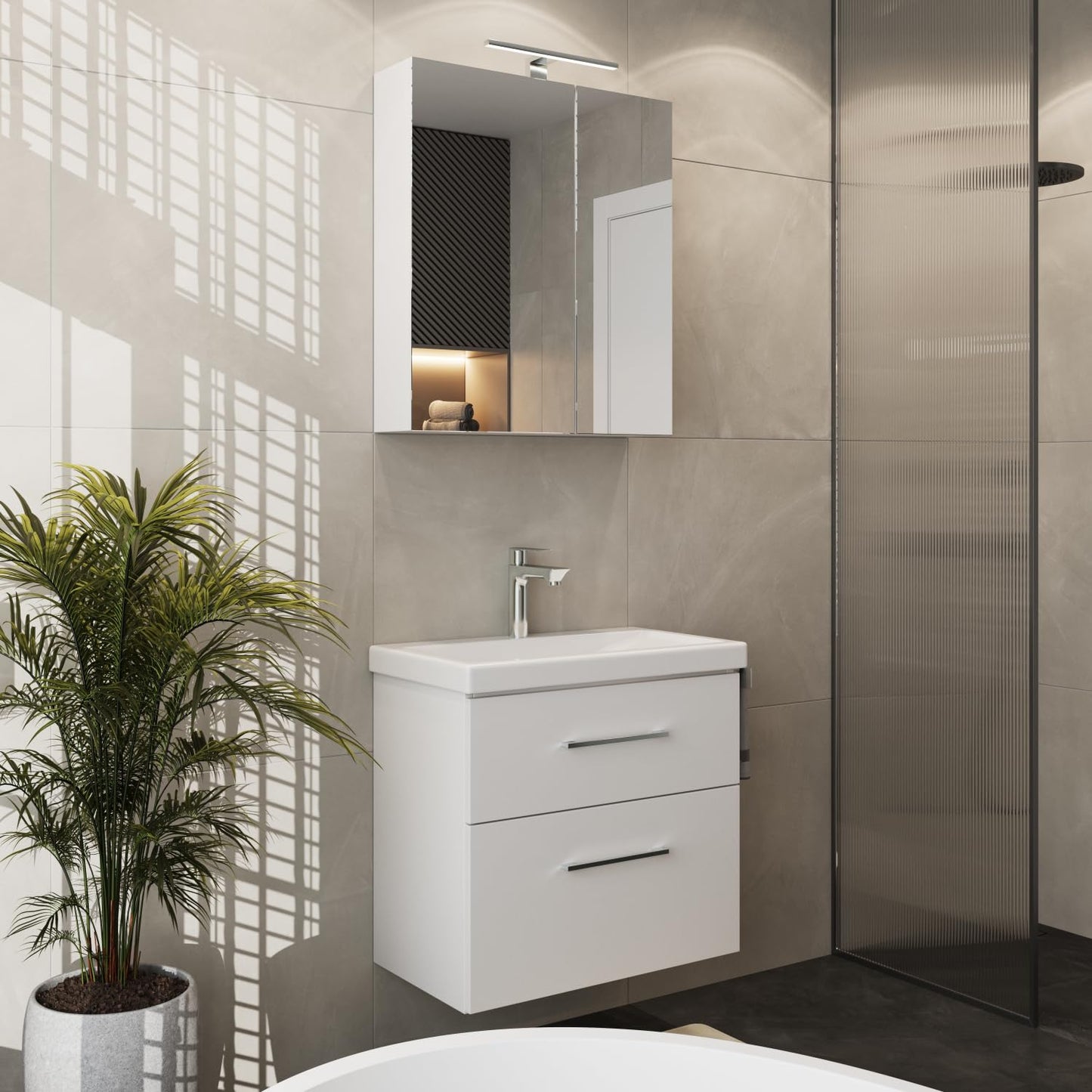 Planetmöbel Badmöbel Set 63 cm Anthrazit mit Keramik Waschbecken, Spiegelschrank 60 cm LED & Steckdose, Modern