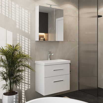 Planetmöbel Badmöbel Set 63 cm Anthrazit mit Keramik Waschbecken, Spiegelschrank 60 cm LED & Steckdose, Modern