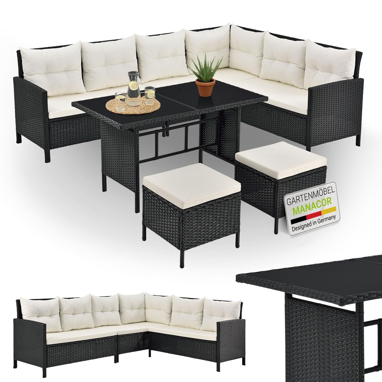 Juskys Polyrattan Lounge Manacor Gartenmöbel Set mit Ecksofa, Tisch & Hocker, wetterfest