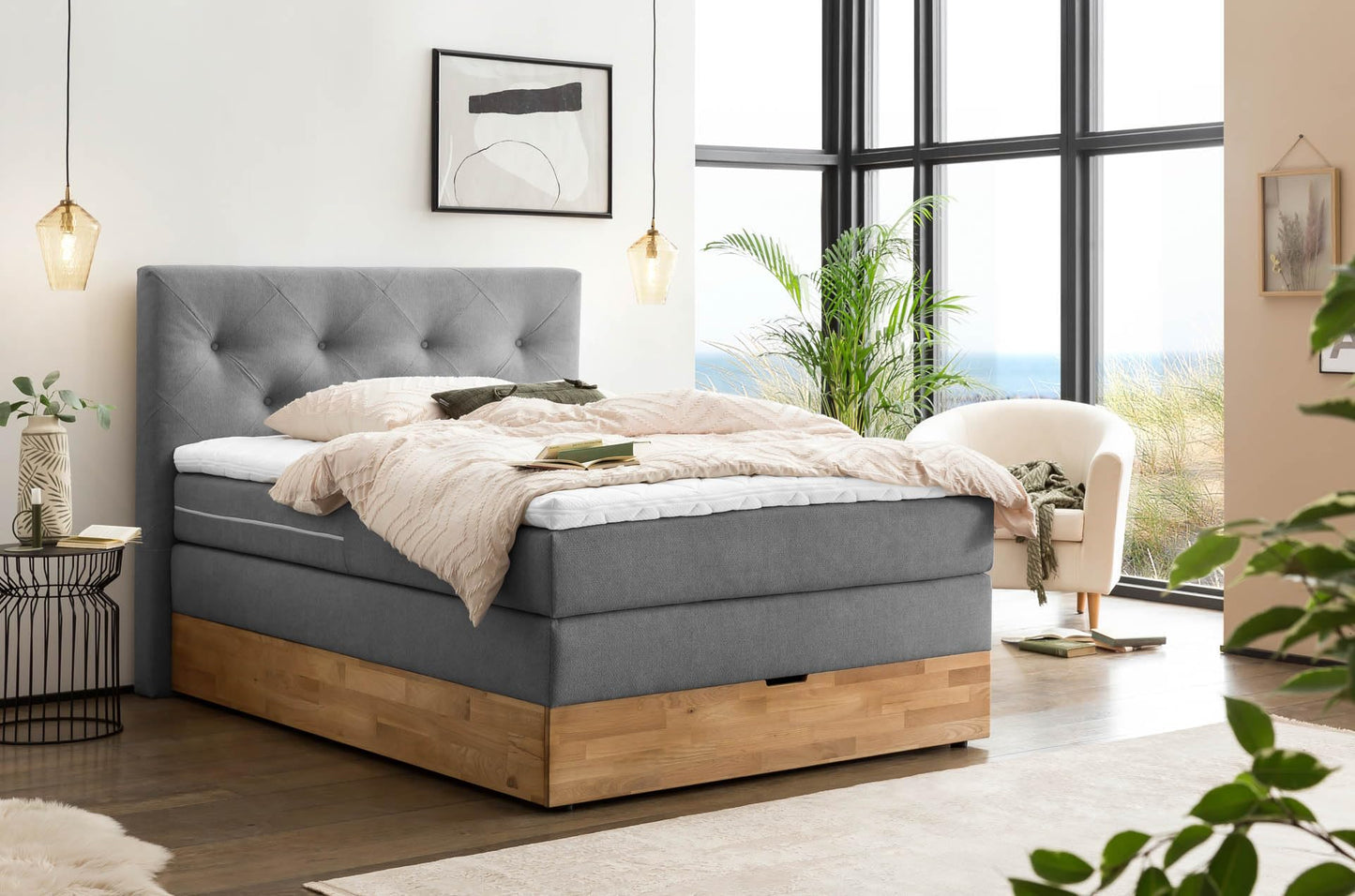 Belanoti Marbo Boxspringbett mit Bettkasten, 7-Zonen Taschenfederkern Matratze & Visco Topper, Massivholz Eiche, Polsterbett