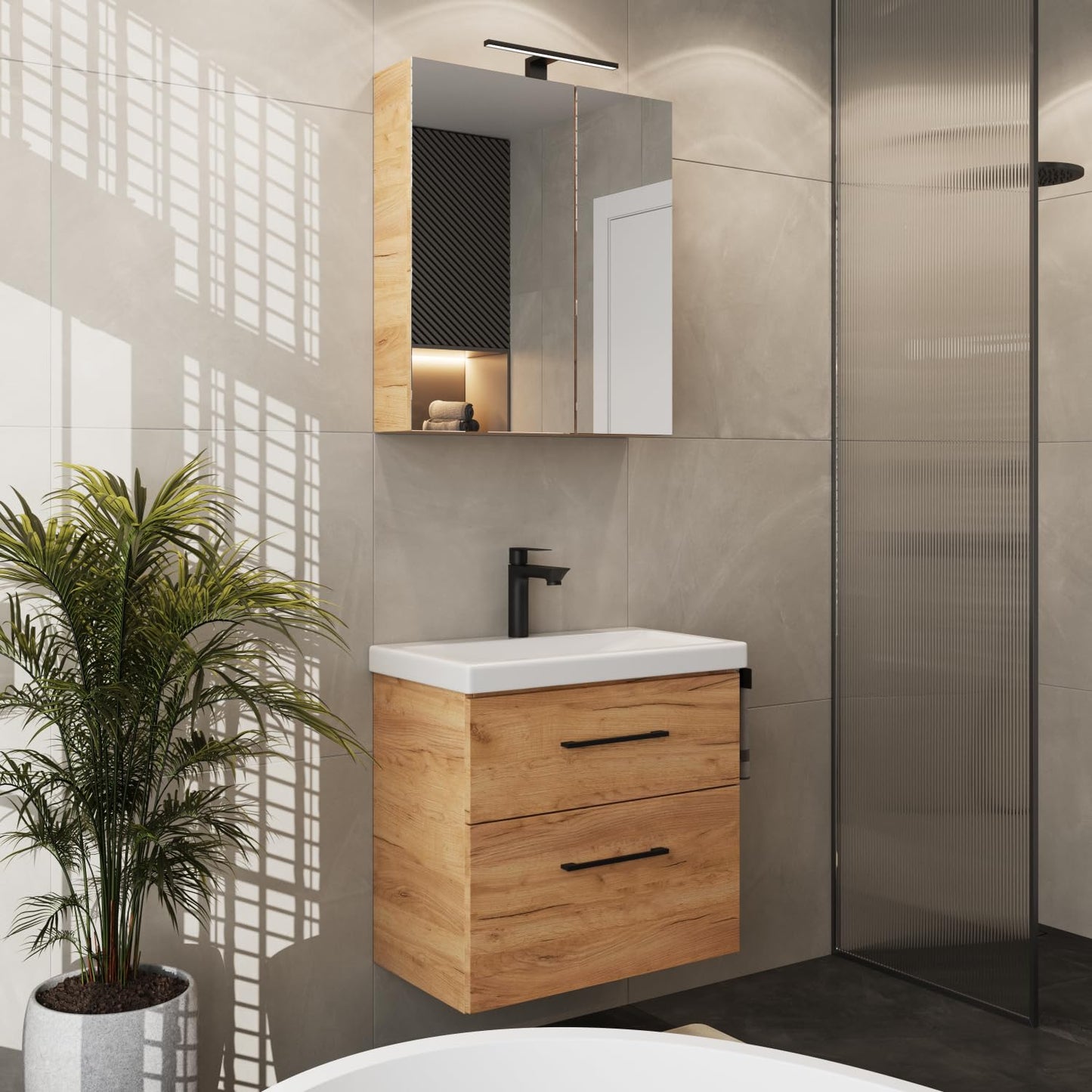 Planetmöbel Badmöbel Set 63 cm Anthrazit mit Keramik Waschbecken, Spiegelschrank 60 cm LED & Steckdose, Modern