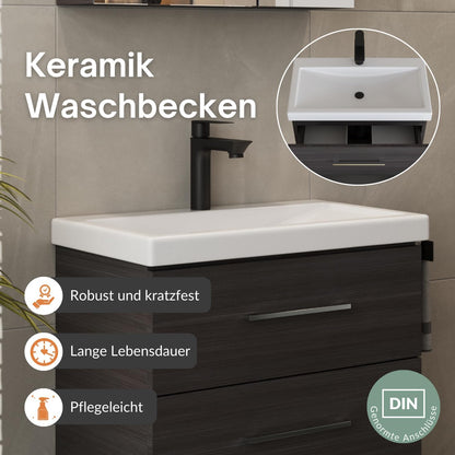 Planetmöbel Badmöbel Set 63 cm Anthrazit mit Keramik Waschbecken, Spiegelschrank 60 cm LED & Steckdose, Modern