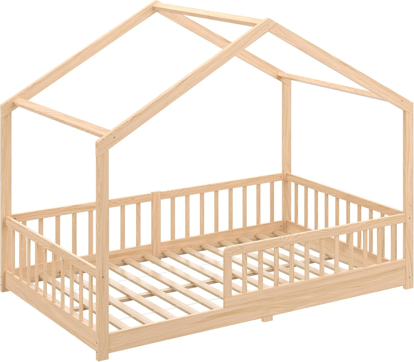 CADANI Malte Kinderbett Hausbett – Montessori Bodenbett aus Massivholz mit Rausfallschutz & Lattenrost – Skandinavisches Kinderbett