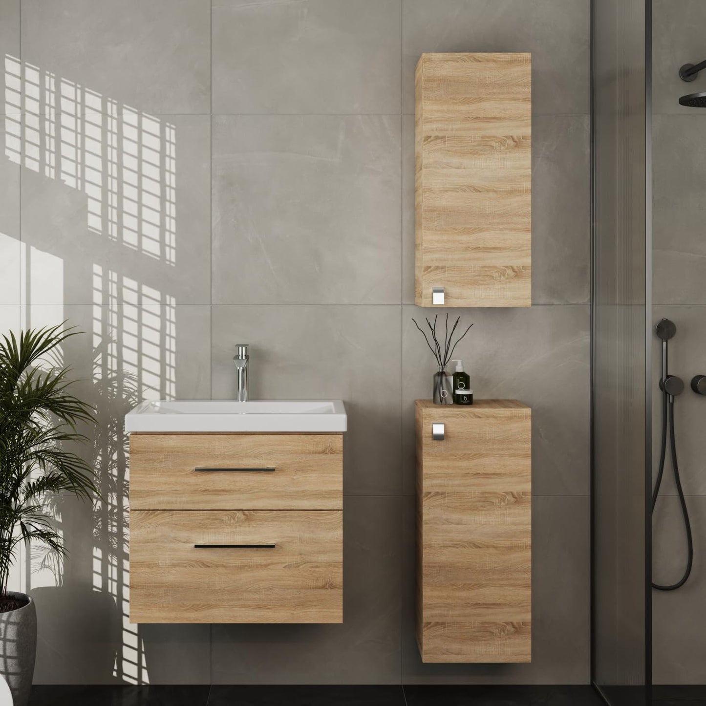Planetmöbel Badmöbel Set 63 cm Anthrazit mit Keramik Waschbecken, Spiegelschrank 60 cm LED & Steckdose, Modern