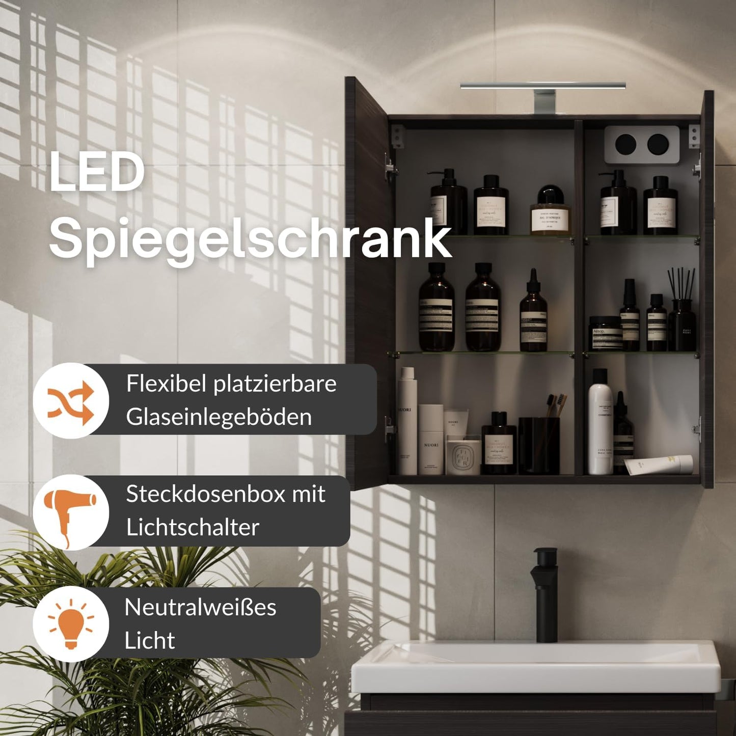 Planetmöbel Badmöbel Set 63 cm Anthrazit mit Keramik Waschbecken, Spiegelschrank 60 cm LED & Steckdose, Modern