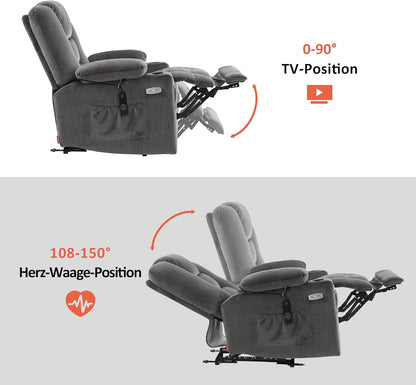 M MCombo Elektrischer Fernsehsessel Relaxsessel mit Liegefunktion, Massage & Wärme, USB-Anschluss, verstellbarer TV Sessel für Wohnzimmer