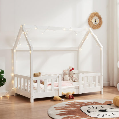 [en.casa] Kinder Hausbett aus Kiefernholz mit Lattenrost & Matratze, Montessori Kinderbett mit Rausfallschutz, stabiles Spielbett für Kinderzimmer
