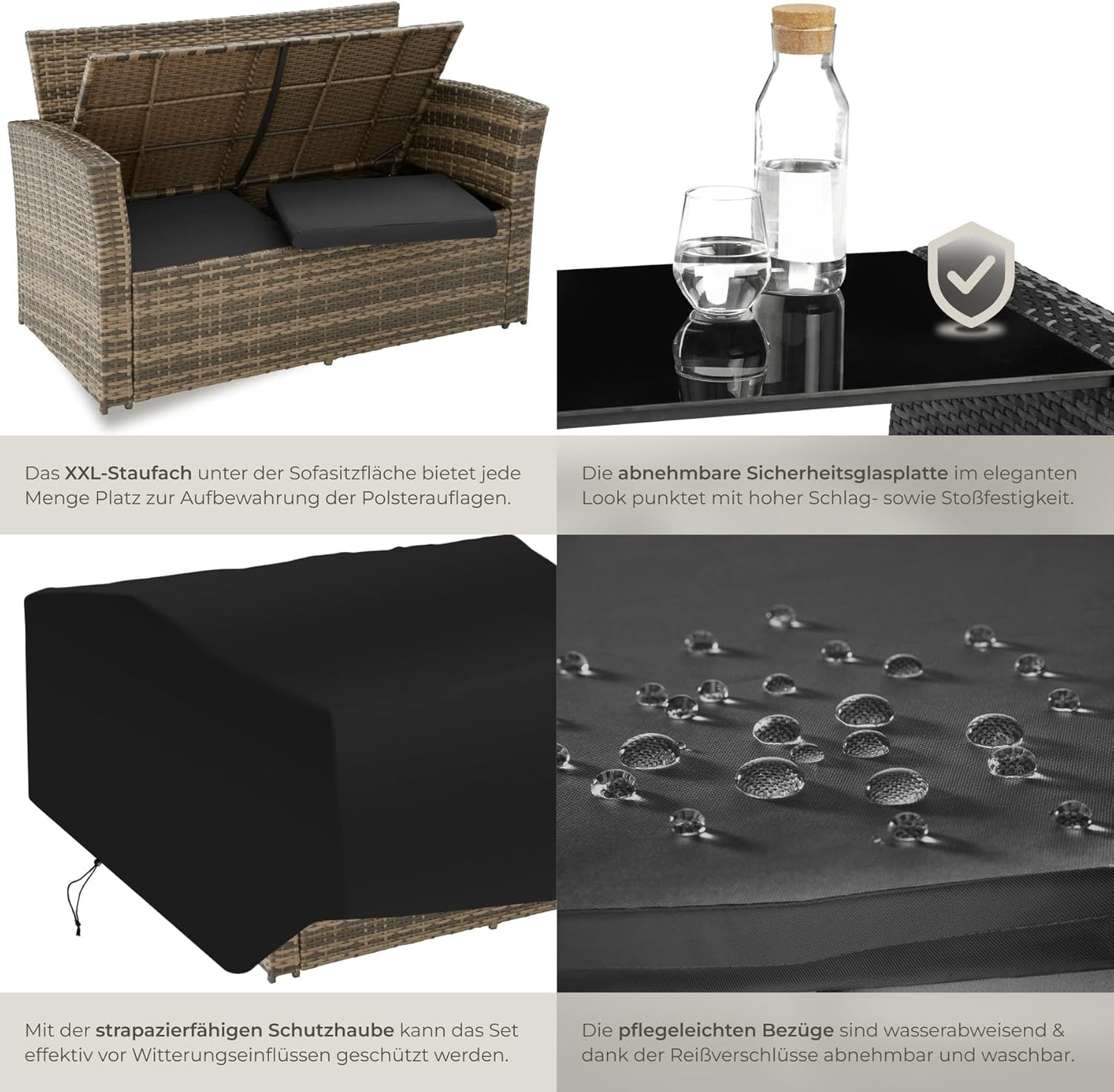 Tectake Polyrattan Garten Sitzgruppe mit Hocker & Auflagenbox, Rattan Lounge Set