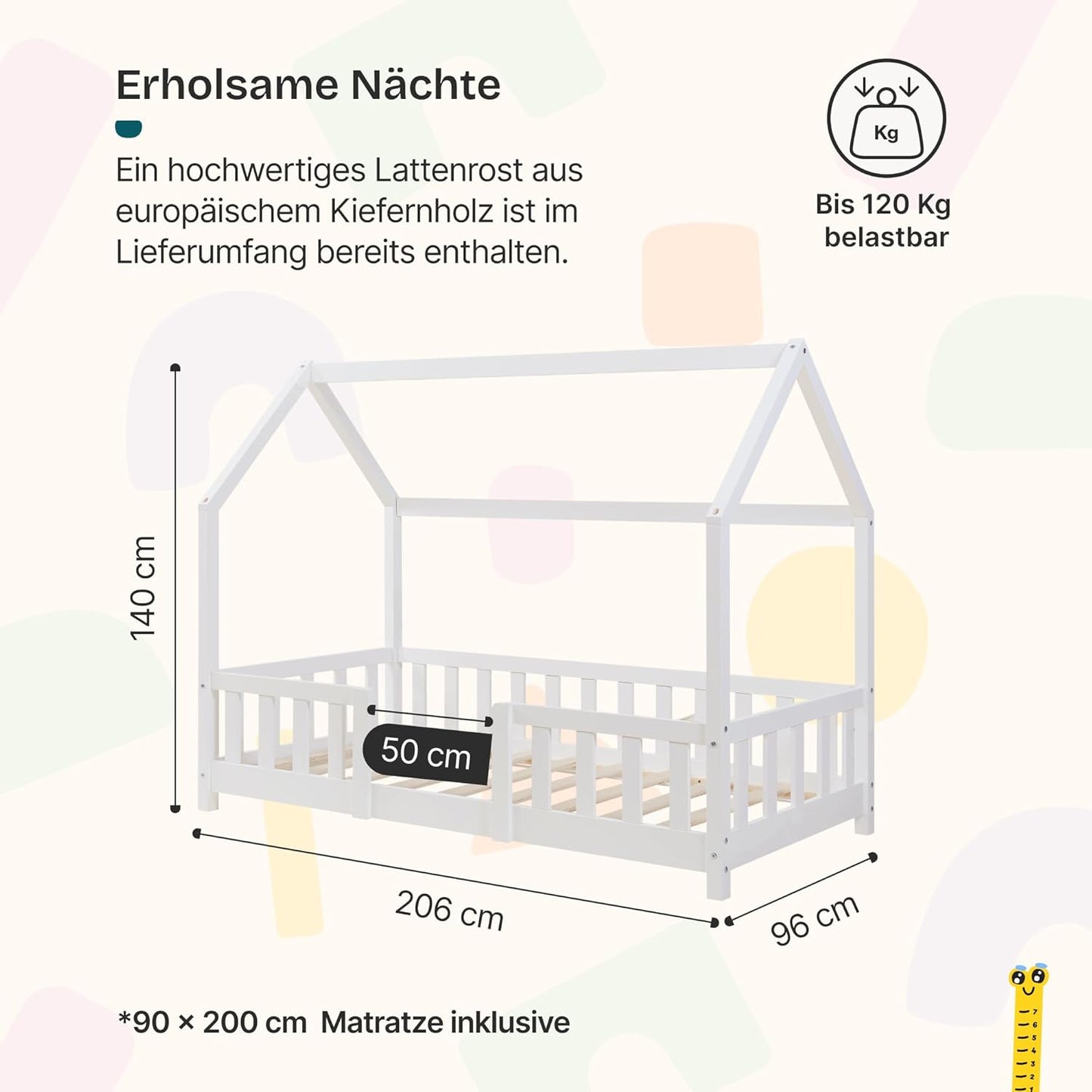 [en.casa] Kinder Hausbett aus Kiefernholz mit Lattenrost & Matratze, Montessori Kinderbett mit Rausfallschutz, stabiles Spielbett für Kinderzimmer