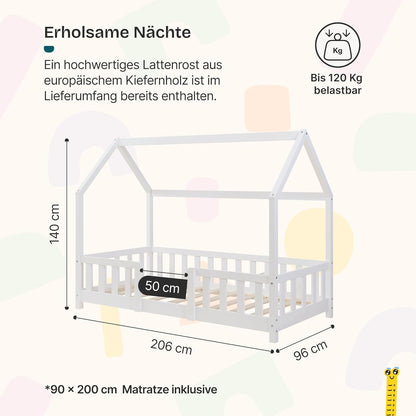 [en.casa] Kinder Hausbett aus Kiefernholz mit Lattenrost & Matratze, Montessori Kinderbett mit Rausfallschutz, stabiles Spielbett für Kinderzimmer